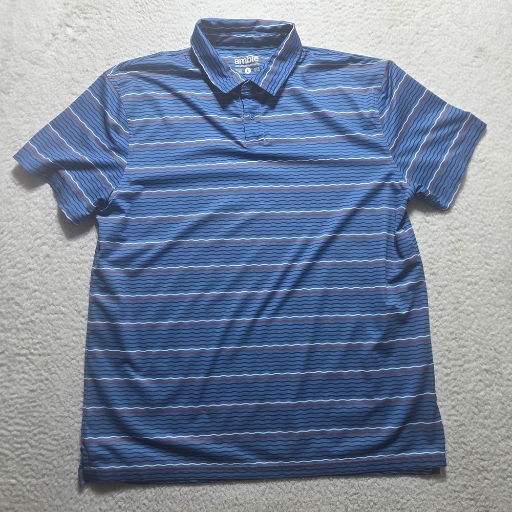 Amble Golf Polo Shirt Mens Size Large Blue Striped Performance Stretch